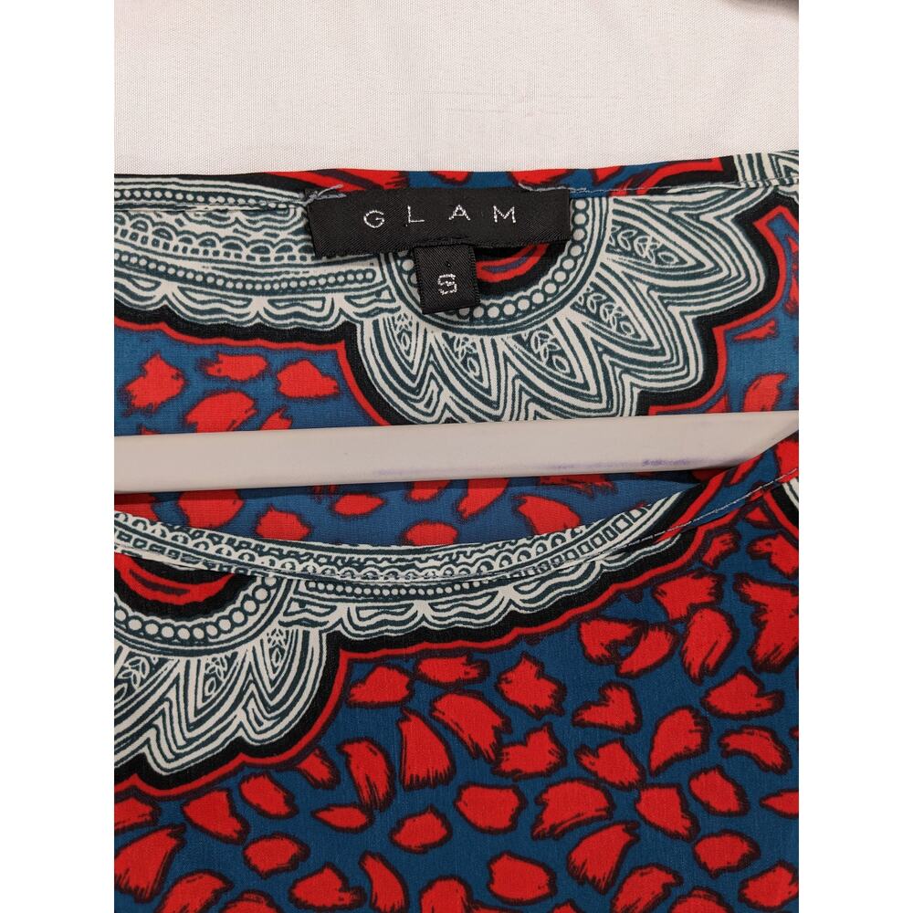 Glam Printed Blouse Small Red Blue Paisley Short Puff Sleeve Colorful Office Top - Picture 5 of 9